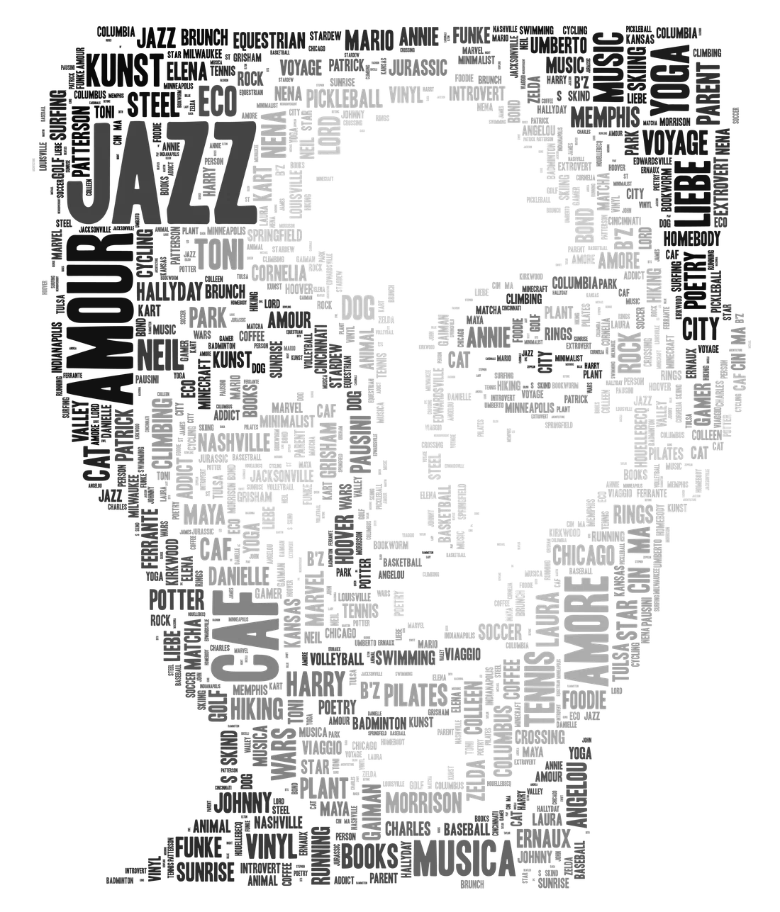 A portrait of a woman composed of hundreds of words - artists, authors, sports, cities and the things people love